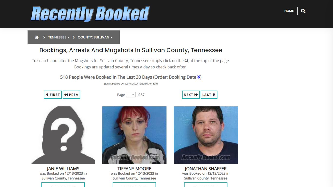 Bookings, Arrests and Mugshots in Sullivan County, Tennessee
